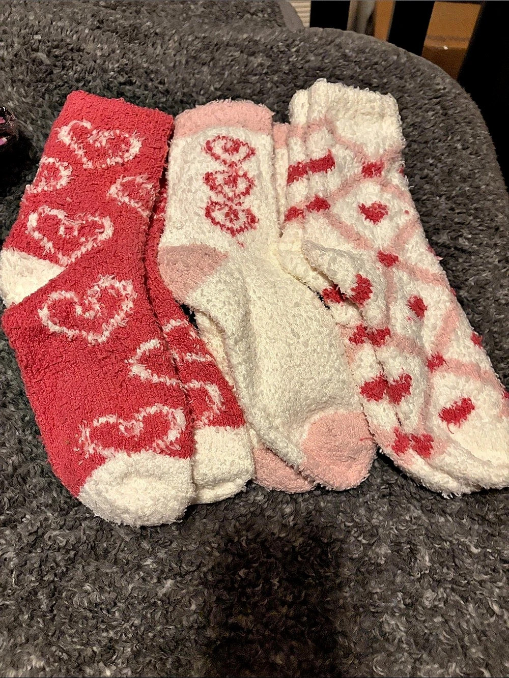 Fuzzy Socks with Pink & White Hearts -3 pairs